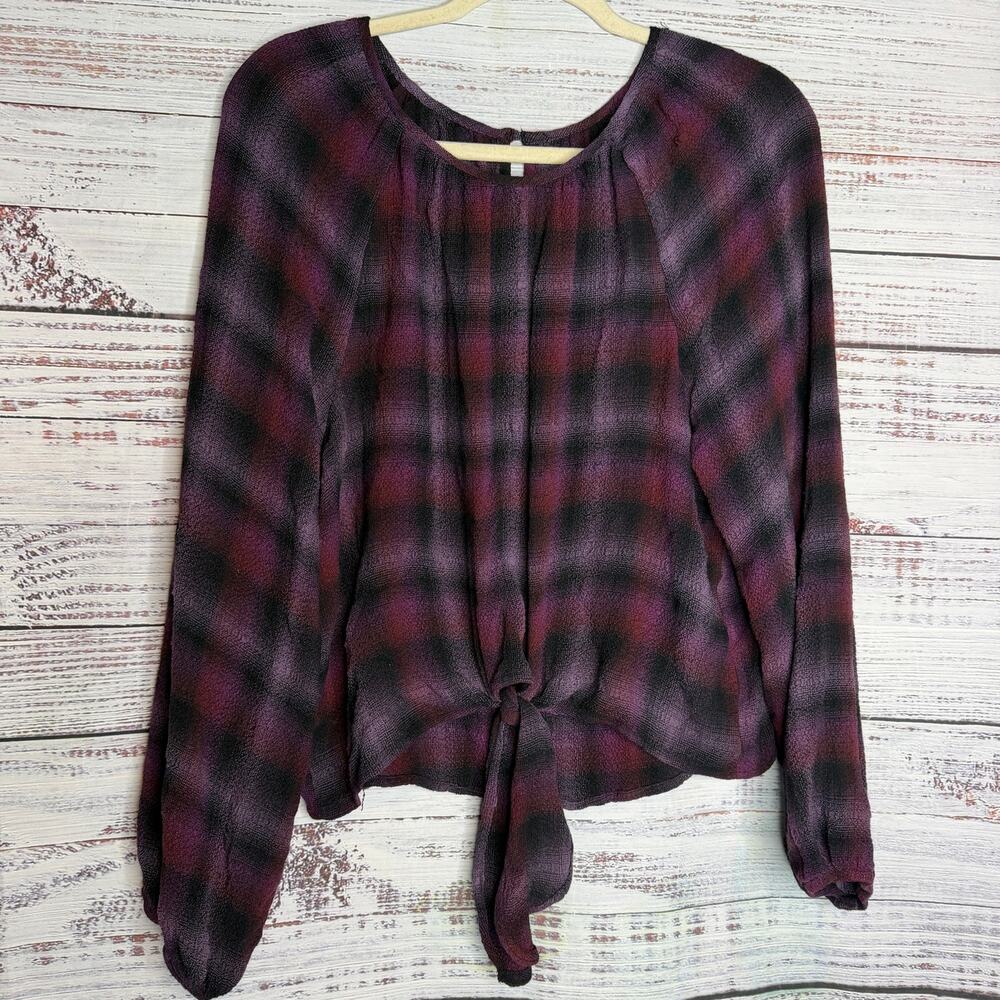 Bella Dahl Womens Plaid Tie Front Blouse Purple Black Long Sleeve Rayon Top Med